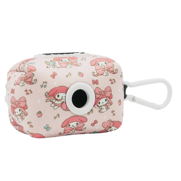 A small, pink rectangular Sassy Woof device with a carabiner, featuring cartoon bunnies in red hoods—perfect to pair with the Dog Four Piece Bundle - My Melody™ or other Hello Kitty pet accessories.
