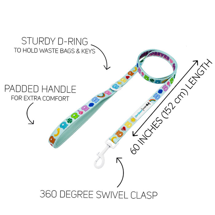 The Sassy Woof Dog Leash - Care Bears™ Care-a-Lot features cartoon animal designs, padded handle, sturdy D-ring, 60-inch (152 cm) length, and a 360° swivel clasp—ideal for Care Bears fans. Labels highlight each feature.