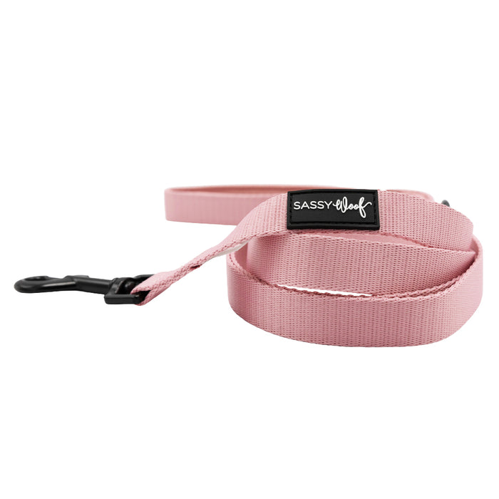 The Sassy Woof Dog Leash - Dusty Rose features a padded neoprene handle, black metal clip, and a black label with white text. Coiled on a white background, it pairs perfectly with the matching adjustable harness.