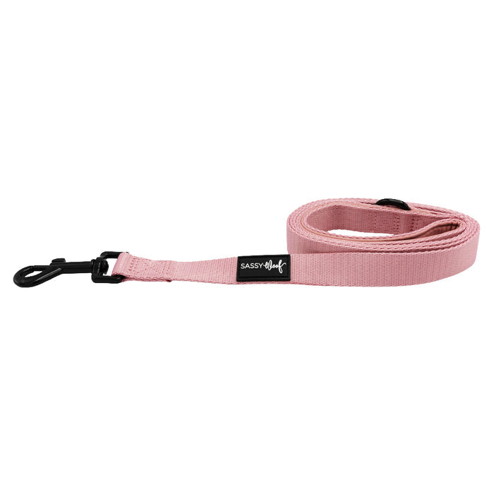 The Dog Leash - Dusty Rose by Sassy Woof features a padded neoprene handle, sturdy black metal clasp, and a black SASSY WOOF label. Pair it with the matching adjustable harness for a stylish walk.