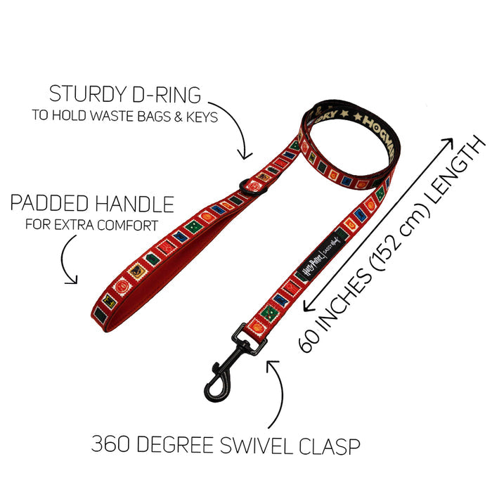 The Sassy Woof Dog Leash - Harry Potter™ Stamps features magical designs, a padded handle, sturdy D-ring for waste bags or keys, 360° swivel clasp, and measures 60 inches (152 cm) long.