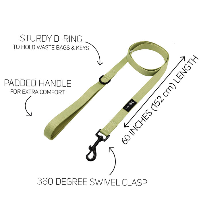 The Sassy Woof Dog Leash - Matcha is a light green leash inspired by Japanese green tea, featuring a sturdy D-ring, neoprene handle, 60-inch length, and 360° swivel clasp. Perfectly pairs with an adjustable harness.