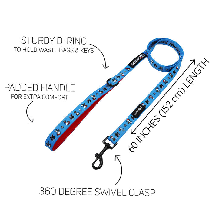The Sassy Woof Dog Leash - MLB™ x Peanuts™ Miami Marlins™ features a blue design, red padded handle, sturdy D-ring, black swivel clasp, and measures 60 inches (152 cm). Pairs perfectly with the adjustable harness collar bandana set.