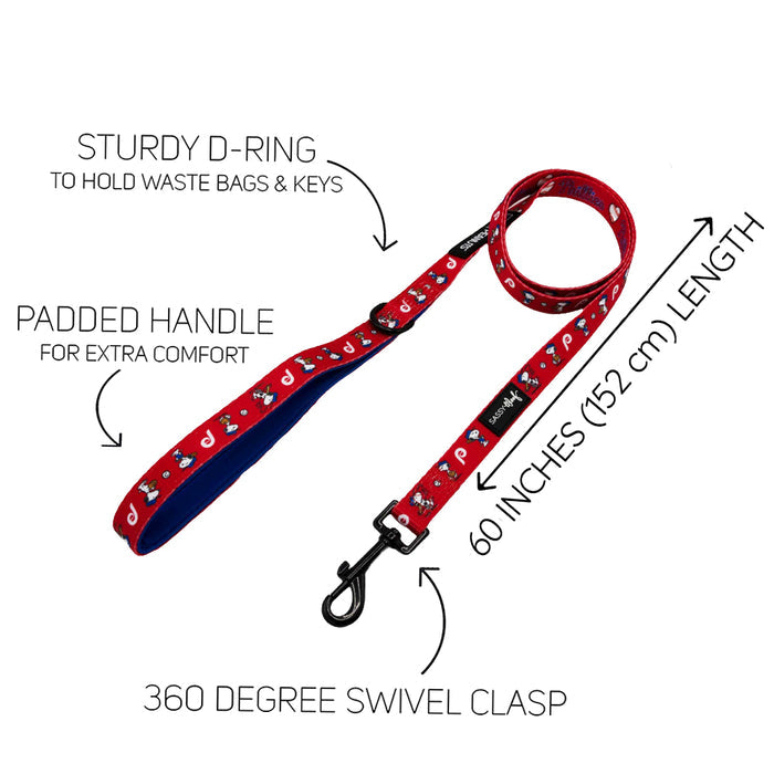 The Sassy Woof Dog Leash - MLB™ x Peanuts™ Philadelphia Phillies™ features red, white, and blue patterns, a padded handle, sturdy D-ring for accessories, 360° swivel clasp, and measures 60 inches (152 cm) long.