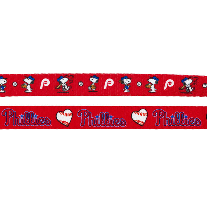 The Dog Leash - MLB™ x Peanuts™ Philadelphia Phillies™ by Sassy Woof features Snoopy, baseballs, the Phillies P logo, and hearts—perfect for fans seeking fun Philadelphia Phillies™ pet accessories.