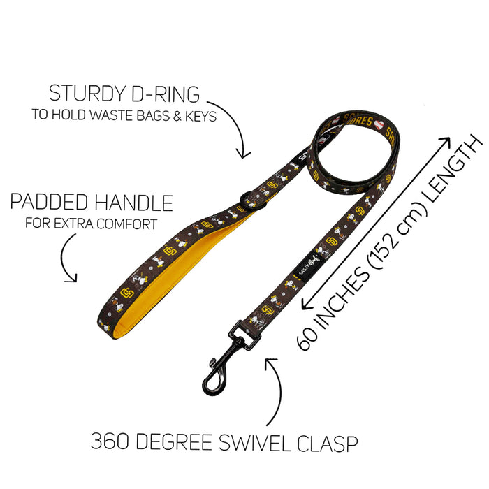 The Sassy Woof Dog Leash - MLB™ x Peanuts™ San Diego Padres™ features a brown and yellow design, padded handle, sturdy D-ring, 360° swivel clasp, 60-inch length, and playful MLB Peanuts™ inspired details with labeled feature callouts.