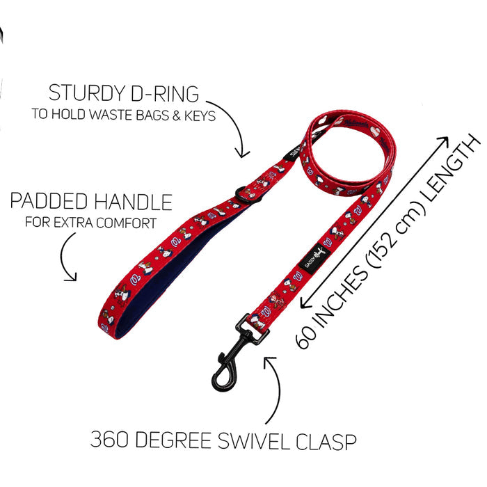 The Sassy Woof Dog Leash - MLB™ x Peanuts™ Washington Nationals™ features a red design with Snoopy, a black clasp, padded handle, sturdy D-ring for bags or keys, and measures 60 inches (152 cm).