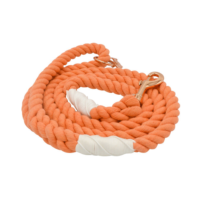 The Sassy Woof Dog Rope Leash - Clementine features hand-crafted orange cotton rope with white wrapped accents and a brass clasp, shown on a white background.
