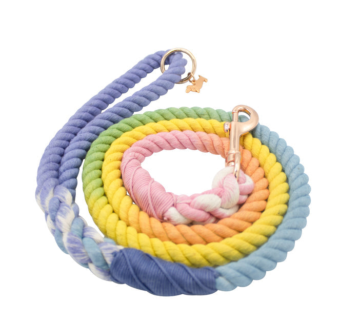 The Sassy Woof Dog Rope Leash - Sprinkles is a coiled, colorful ombre leash in pastel purple, blue, yellow, orange, and pink with metallic hardware on both ends.