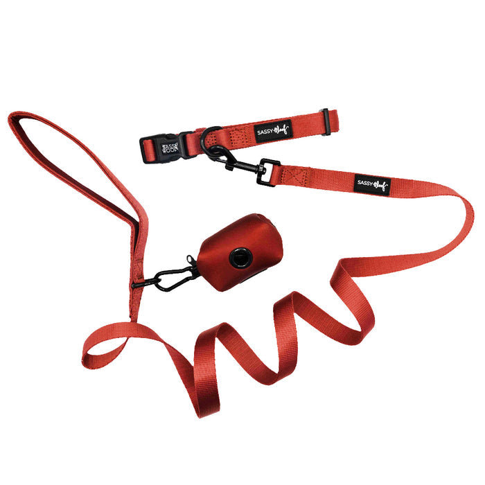 The Sassy Woof Dog Three Piece Bundle - Burgundy includes a burgundy leash and matching collar with black buckles and Sassy Woof tags, plus a red dog waste bag holder attached to the leash.