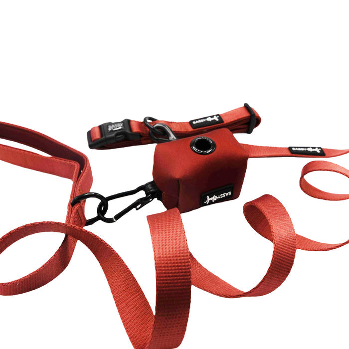 The Dog Three Piece Bundle - Burgundy from Sassy Woof includes a burgundy leash with matching collar, black clasp, and an attached waste bag holder. The Sassy Woof logo appears on both the collar and the bag holder.