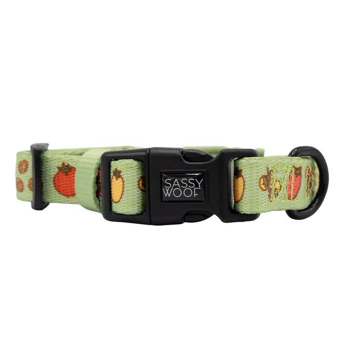 The Sassy Woof Dog Three Piece Bundle - Feeling Vine features a green, adjustable collar with fruit designs and a black buckle—ideal for pups who love plant-inspired accessories and a touch of fun.