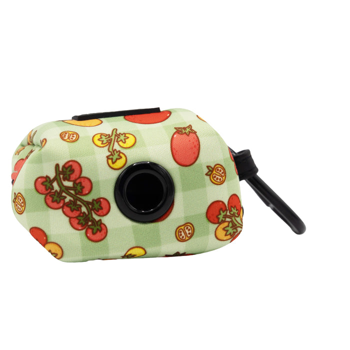 The Sassy Woof Dog Three Piece Bundle - Feeling Vine features a green checkered pouch with tomato prints, a black grommet, and clip—perfect for treats or waste bags. Part of our plant-inspired collection for pups Feeling Vine!.