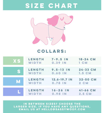 Size chart for the Sassy Woof Dog Collar Three Piece Bundle - Apple Cider, featuring XS, S, M, and L collar options with lengths and widths shown in both inches and centimeters. A playful pink dog cartoon is featured above the chart next to our Apple Cider bundle—perfectly paired with any matching leash or natural colored harness. Contact us if you have any sizing questions!.