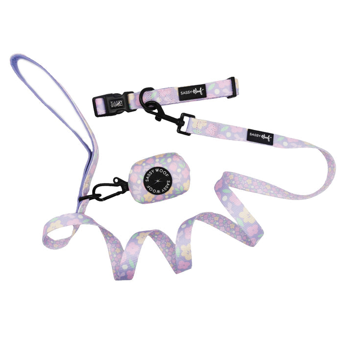 The Sassy Woof Dog Three Piece Bundle - Fleur de Sass is a chic pink set, including a leash and small clock, perfect for elevating your dog collar collection.