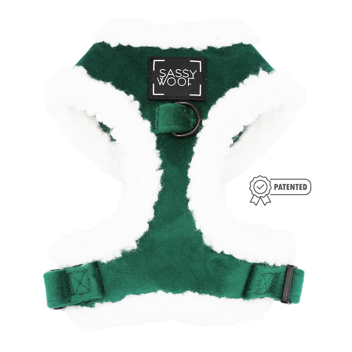 The Sassy Woof Dog Three Piece Bundle - Nice features a green and white sherpa harness with a black Sassy Woof label and D-ring, displayed flat with a Patented badge—perfect as a cozy holiday harness for your pup.