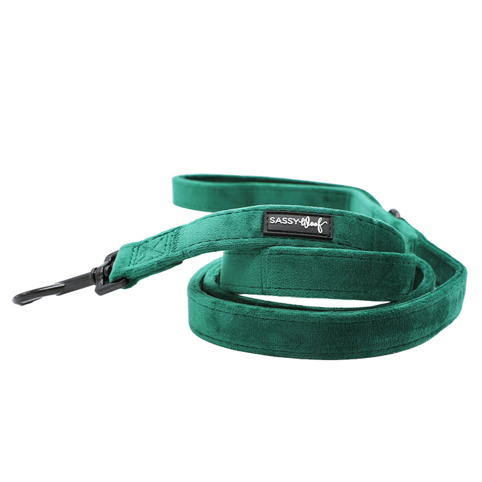 The Sassy Woof Dog Three Piece Bundle - Nice features a green velvet leash with a metal clasp and branded label, beautifully coiled on a white background—an ideal match for your favorite velvet dog accessories.