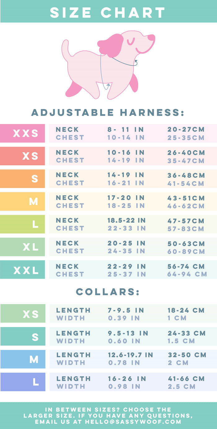 Image showing where to take measurements on a dog for a harness and collar. Corresponding sizes and measurements are listed below. Due to Shopify’s alt text character limit, a full description of the size chart cannot be included here. Please refer to the Adjustable Harness and Dog Collar size charts for full details: https://www.sassywoof.com/pages/find-your-size