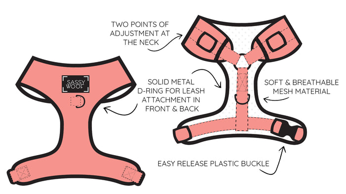 Diagram of the Sassy Woof Dog Three Piece Bundle - Nice pink sherpa harness, featuring two neck adjustment points, solid metal front and back D-rings, easy-release plastic buckle, and soft breathable mesh material.