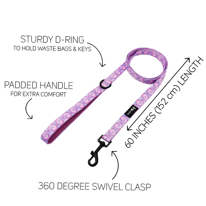 The Sassy Woof Dog Three Piece Bundle - Purple Haze includes a leash with a padded handle, sturdy D-ring for accessories, and 360° swivel clasp. Leash is 60 inches (152 cm) long. Key features are marked with text and arrows.