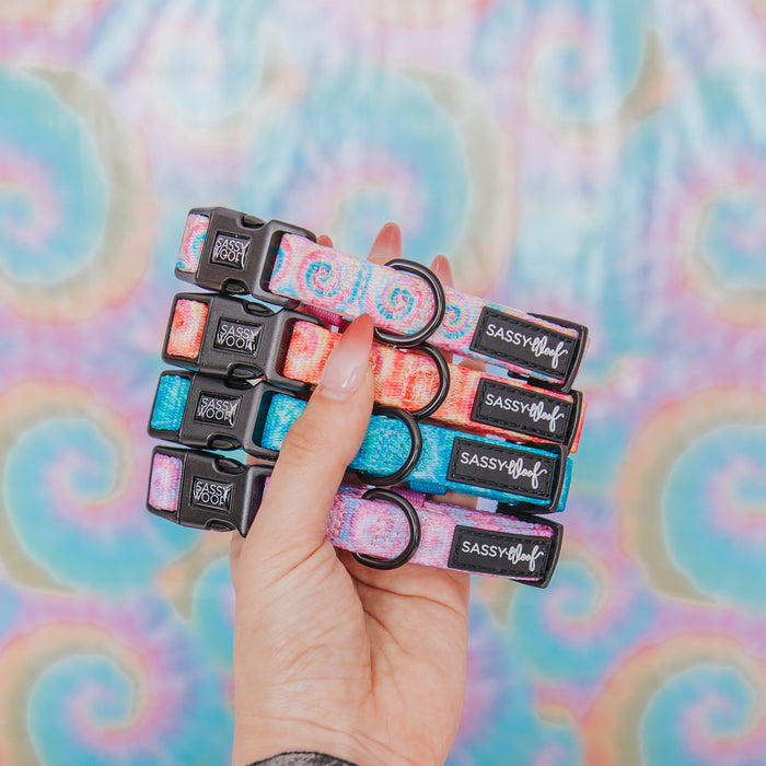A hand displays the Sassy Woof Dog Three Piece Bundle - Purple Haze: five collars with swirling pink, blue, and purple designs, each perfectly matching its waste bag holder. The pastel rainbow swirl background adds a playful touch.