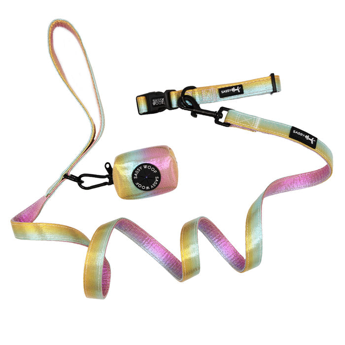 The Sassy Woof Dog Three Piece Bundle - The Night Life features a pastel disco collar, leash, and matching waste bag holder in pink, yellow, and teal gradients—displayed on a white background. Perfect for your puppy growth plan.