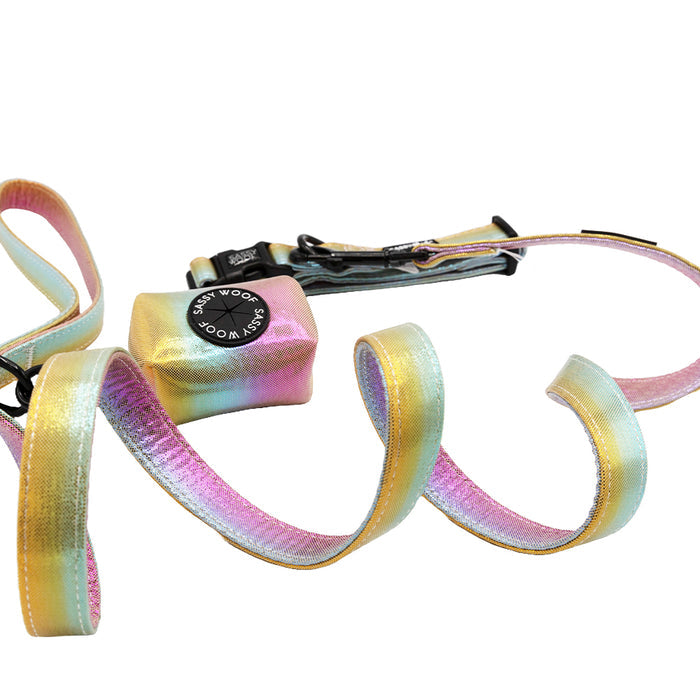 The Sassy Woof Dog Three Piece Bundle - The Night Life features a shimmery pastel dog leash with gold, pink, and blue tones, a matching small pouch, and black clasp—coiled stylishly for your walks.