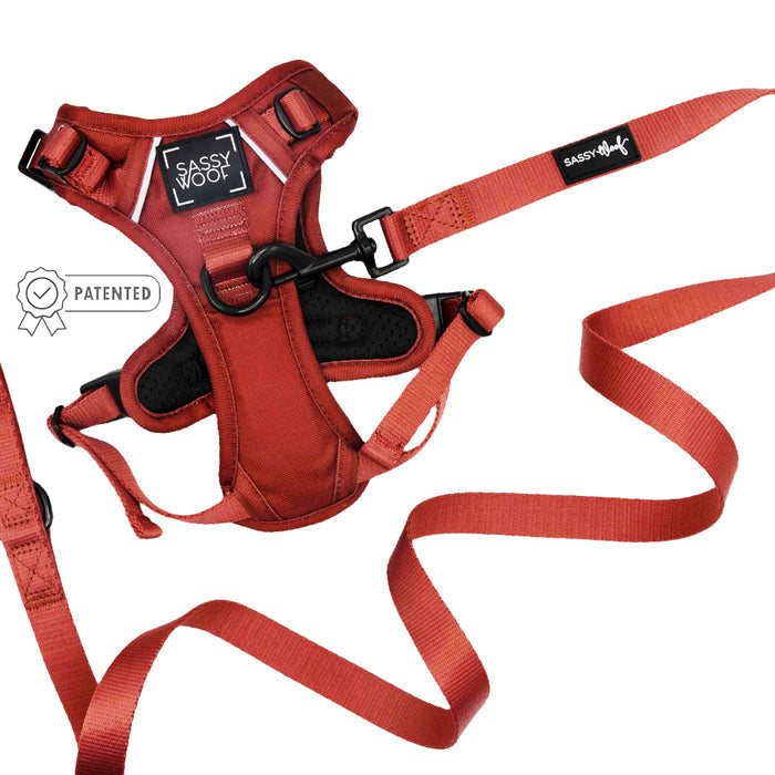 The Sassy Woof Dog Two Piece Bundle in Burgundy is shown on a white background, featuring black hardware, a patented label icon, and matching dog accessories for a coordinated look.