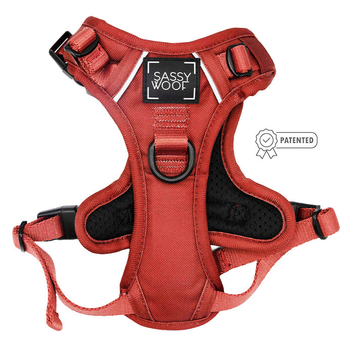 A Sassy Woof Dog Two Piece Bundle - Burgundy is shown against a white background, featuring a harness with adjustable straps and mesh lining—perfect for matching your dog's accessories.