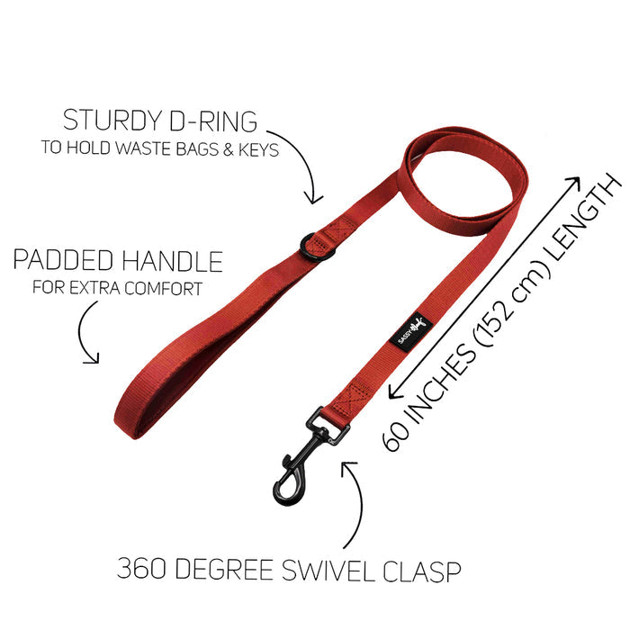 Upgrade your walks with the Sassy Woof Dog Two Piece Bundle - Burgundy: features a sturdy D-ring, padded handle, 60" (152 cm) leash, and 360° swivel clasp. Pair with the matching harness for stylish dog accessories.