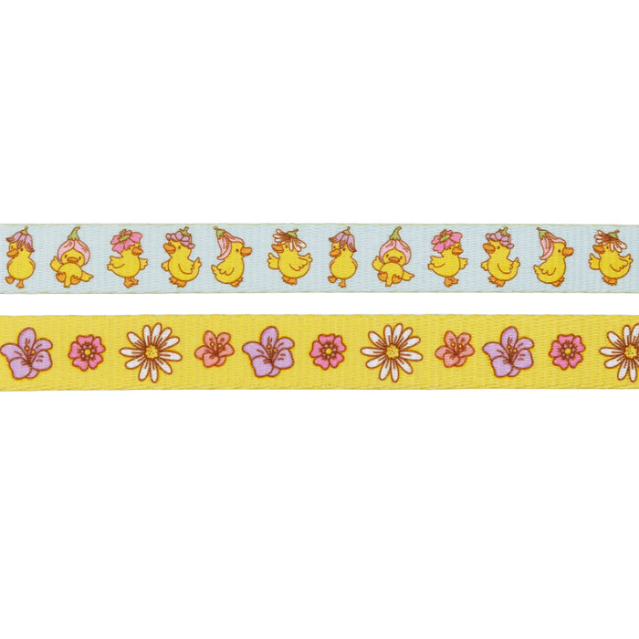The Sassy Woof Dog Two Piece Bundle - Good Duck, Babe! features a playful ribbon with yellow chicks in pink bows and a second ribbon with flowers and butterflies in pink, white, and yellow on a cheerful yellow background.