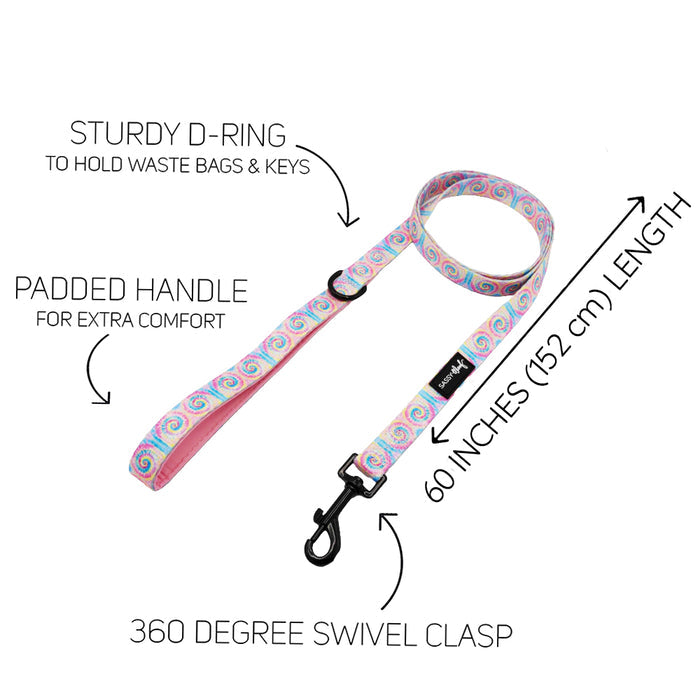 The Sassy Woof Dog Two Piece Bundle - Good Vibes features a swirl-patterned leash and matching harness, both in vibrant tie-dye. Includes a padded handle, sturdy D-ring, 360° swivel clasp, and a 60-inch (152 cm) leash.