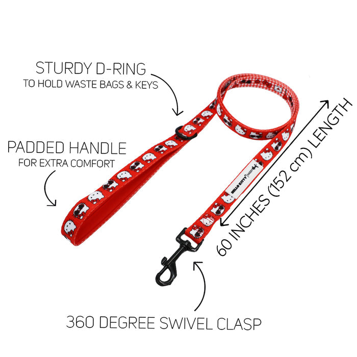 The Sassy Woof Dog Two Piece Bundle - Hello Kitty® Red Classic features a 60-inch red leash with a cartoon dog pattern, padded handle, sturdy D-ring, metal swivel clasp, and pairs perfectly with Hello Kitty accessories or an adjustable harness.