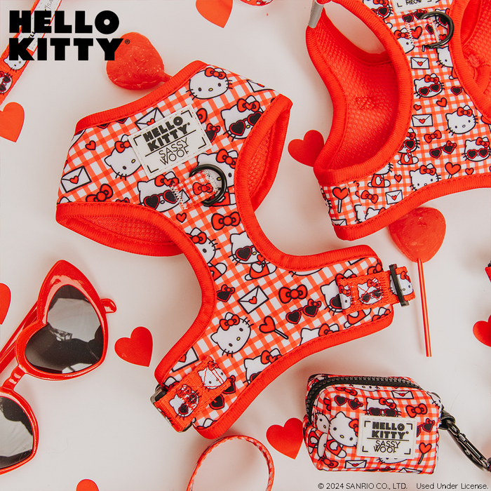 Flat lay of Sassy Woof's Dog Two Piece Bundle - Hello Kitty® Red Classic, featuring an adjustable harness, small pouch, heart-shaped sunglasses, lollipops, and red hearts from the Valentine collection. Hello Kitty logo in top left.