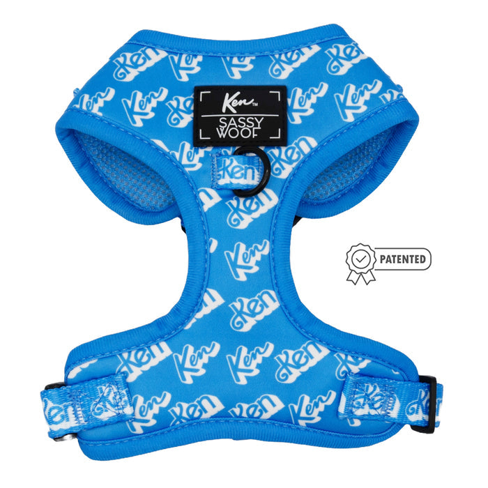 The Sassy Woof Dog Two Piece Bundle - KEN™ features a bright blue adjustable harness with an all-over white Ken print, logo patch, black leash ring, and adjustable straps. A “PATENTED” badge appears to the right of the harness.