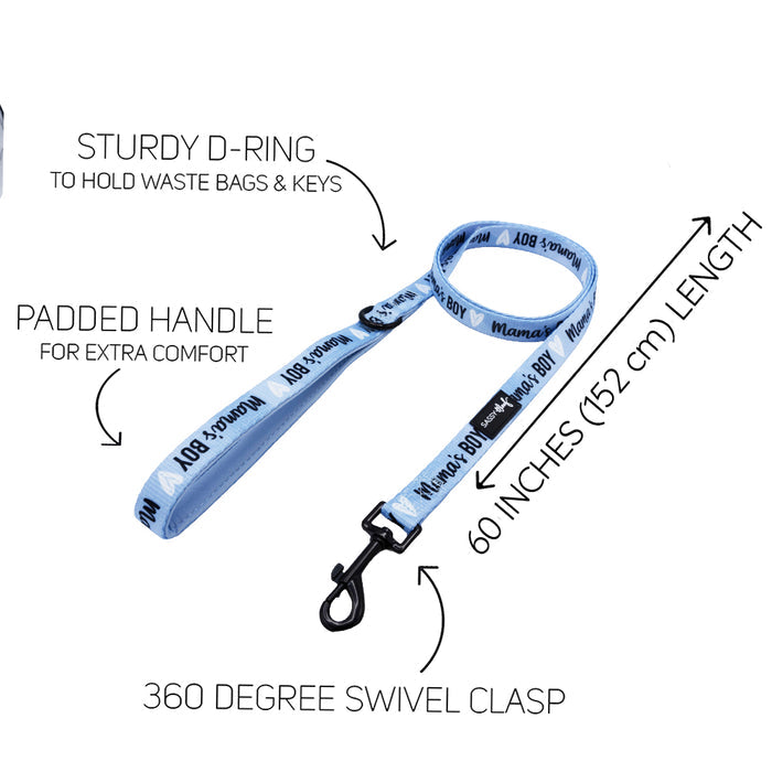 The Sassy Woof Dog Two Piece Bundle - Mama's Boy includes a blue leash with instructions and an adjustable harness for secure walks.
