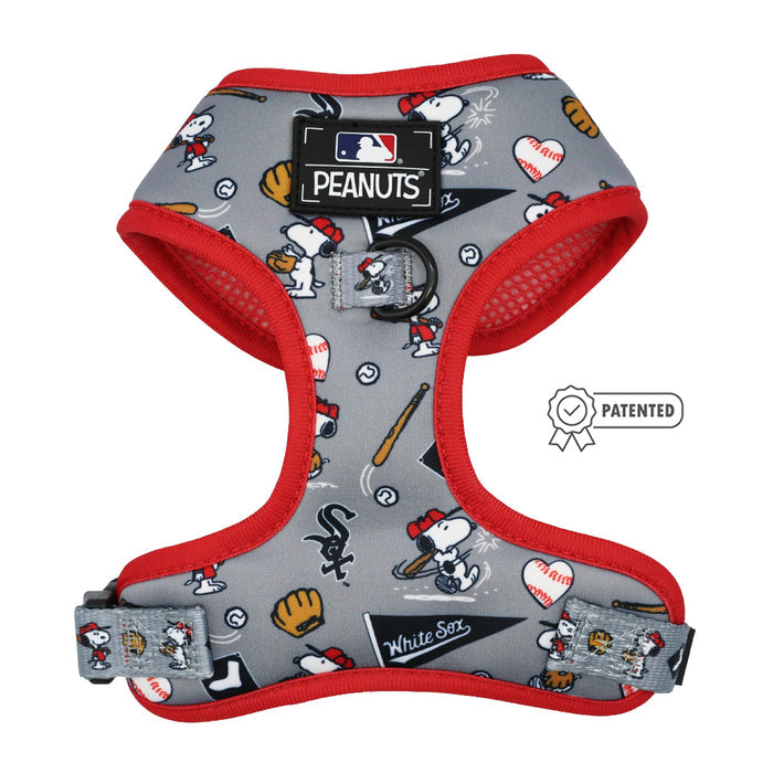 The Sassy Woof Dog Two Piece Bundle - MLB™ x Peanuts™ Chicago White Sox™ includes a gray harness with red trim, featuring Snoopy and baseball-themed graphics, plus visible PEANUTS and PATENTED tags to pair with your favorite leash.