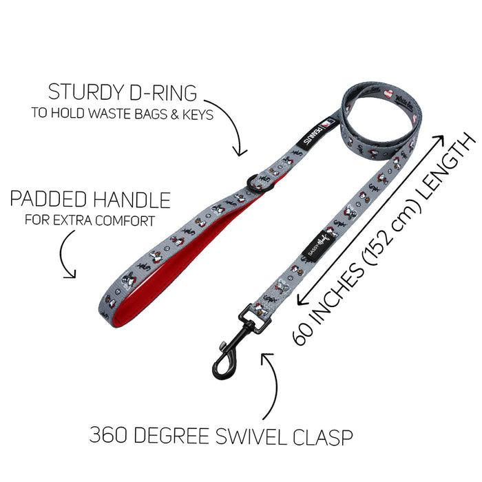 A gray Sassy Woof Dog Two Piece Bundle - MLB™ x Peanuts™ Chicago White Sox™ leash features a red padded handle, sturdy D-ring for waste bags/keys, 360° swivel clasp, and measures 60 inches. Arrows highlight each feature.