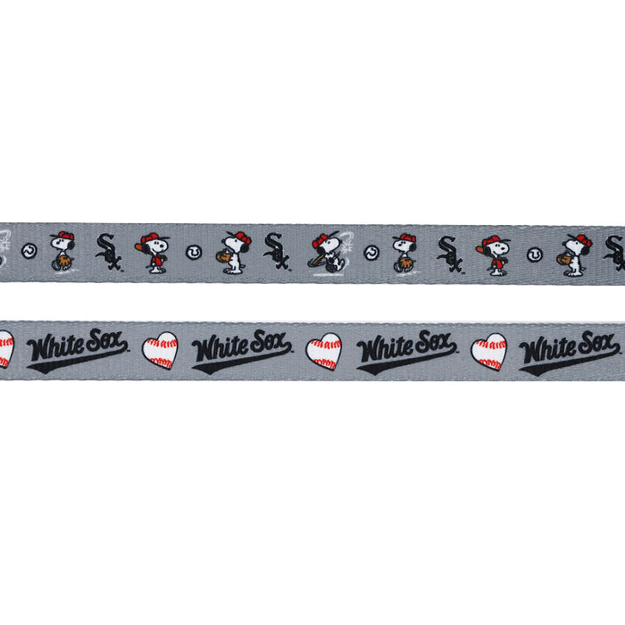 The Sassy Woof Dog Two Piece Bundle - MLB™ x Peanuts™ Chicago White Sox™ includes two gray ribbons: one with Snoopy in a baseball cap, baseballs, and team logos; the other with White Sox text, baseball heart designs, and logos.