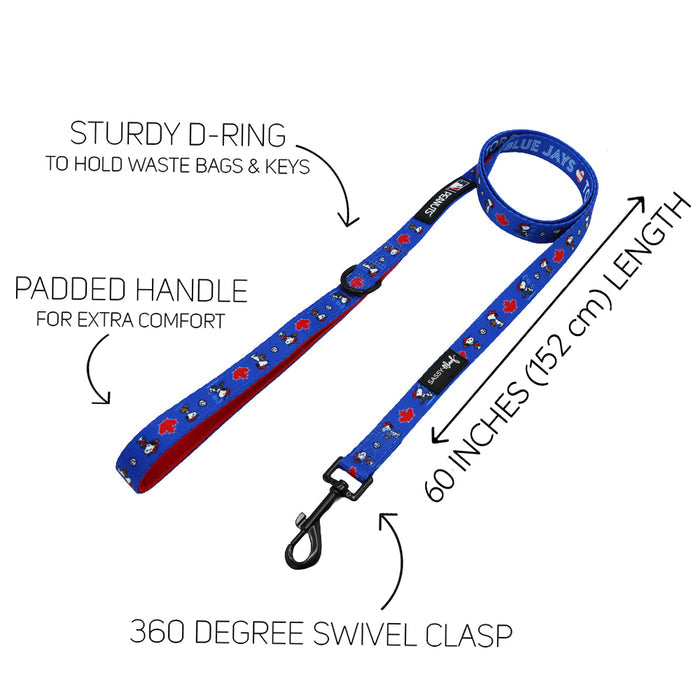 Show off your MLB™ Peanuts™ Toronto Blue Jays™ pride on every walk with the Sassy Woof Dog Two Piece Bundle, featuring a blue leash with red padding, padded handle, sturdy D-ring, 60-inch length, and a black 360° swivel clasp.