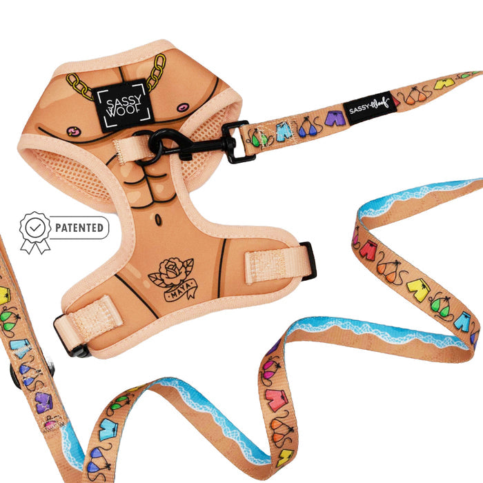 The Sassy Woof Dog Two Piece Bundle - Muscle Bod features a tan adjustable harness with cartoon tattoos and gold chains, plus a matching leash with swimsuit and wave patterns. A patented badge icon is also shown.