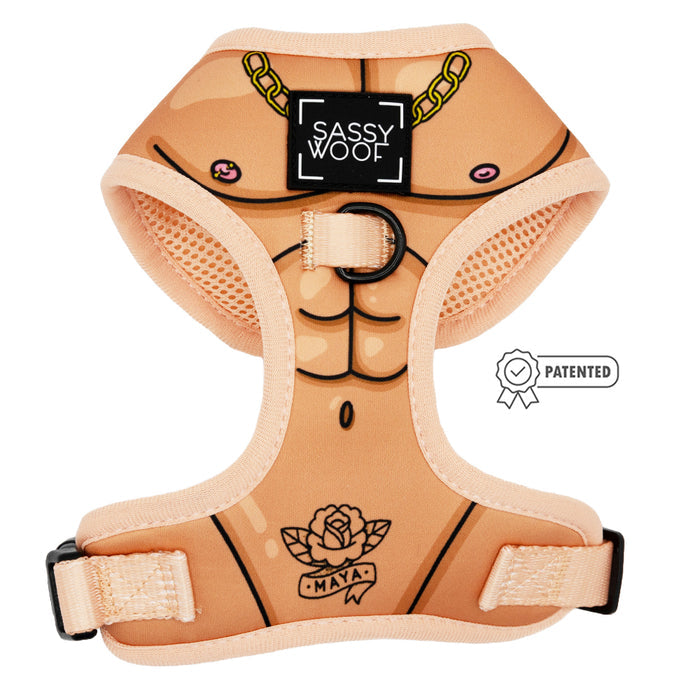 The Sassy Woof Dog Two Piece Bundle - Muscle Bod features a peach harness with a tattooed chest, gold chain print, rose tattoo with “Maya” underneath, and Patented badge from the Beach Bod collection.