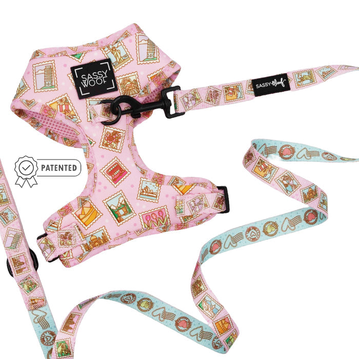 The Sassy Woof Dog Two Piece Bundle - Out of Office includes a pink adjustable harness and matching leash with colorful stamp designs and a black logo tag. A white patented badge appears on the left. Great for pups with our Puppy Growth Pawtection Plan!.