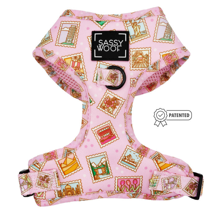 The Dog Two Piece Bundle - Out of Office by Sassy Woof includes an adjustable harness with pink travel stamp pattern, black trim, sturdy metal ring, and Sassy Woof label—perfect for adventures with your pup!.