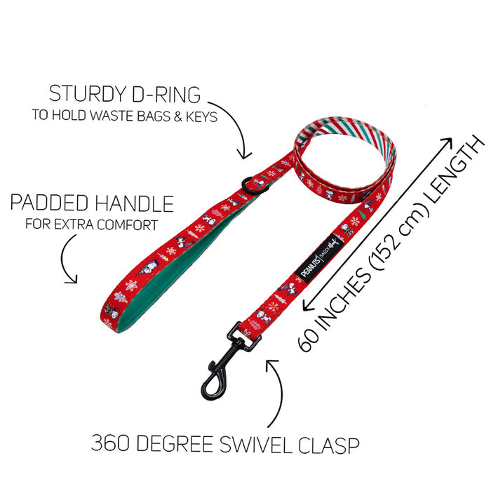 The Sassy Woof Dog Two Piece Bundle - Peanuts™ Beagle Bells features a 60-inch red leash with holiday patterns, padded handle, sturdy D-ring, 360° swivel clasp, and callouts highlighting each feature around the leash.