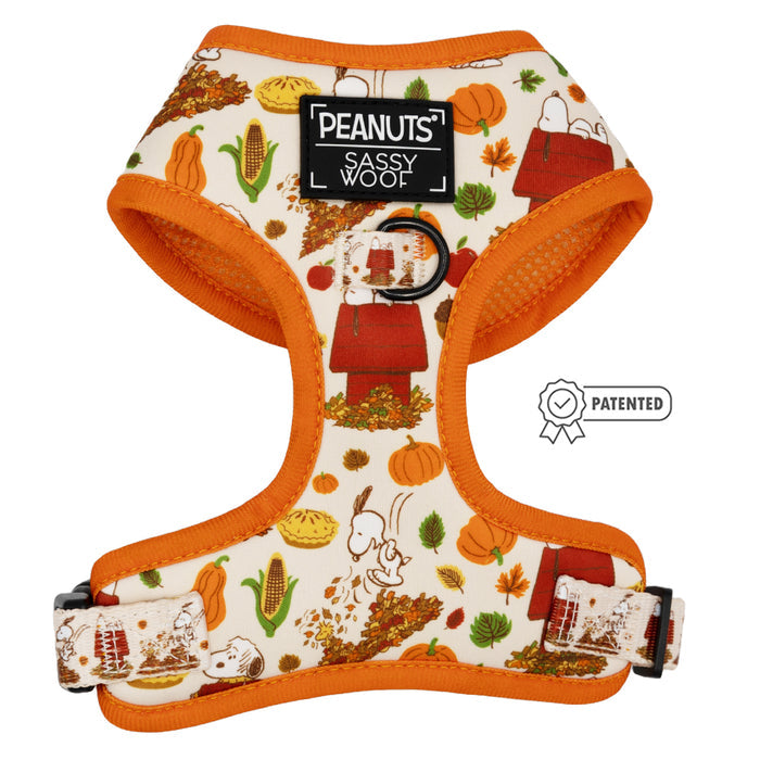 The Sassy Woof Dog Two Piece Bundle - Peanuts™ Harvest includes a harness with orange trim and autumn Peanuts illustrations, plus a matching leash. Features PEANUTS SASSY WOOF label and patent icon—perfect for fall walks.