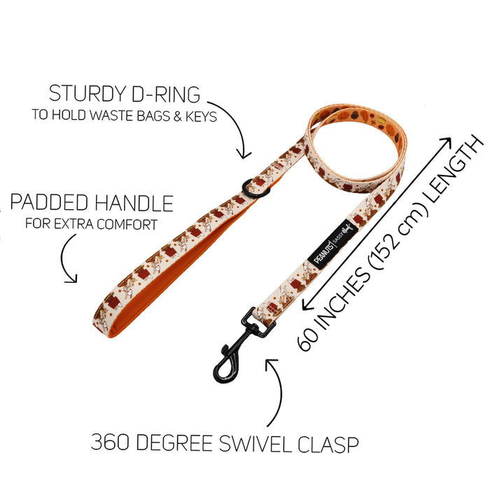 The Sassy Woof Dog Two Piece Bundle - Peanuts™ Harvest features a brown and white leash with padded handle, sturdy D-ring, 360° swivel clasp, 60" length, and pairs perfectly with the Peanuts harness for ultimate comfort and style on every walk.