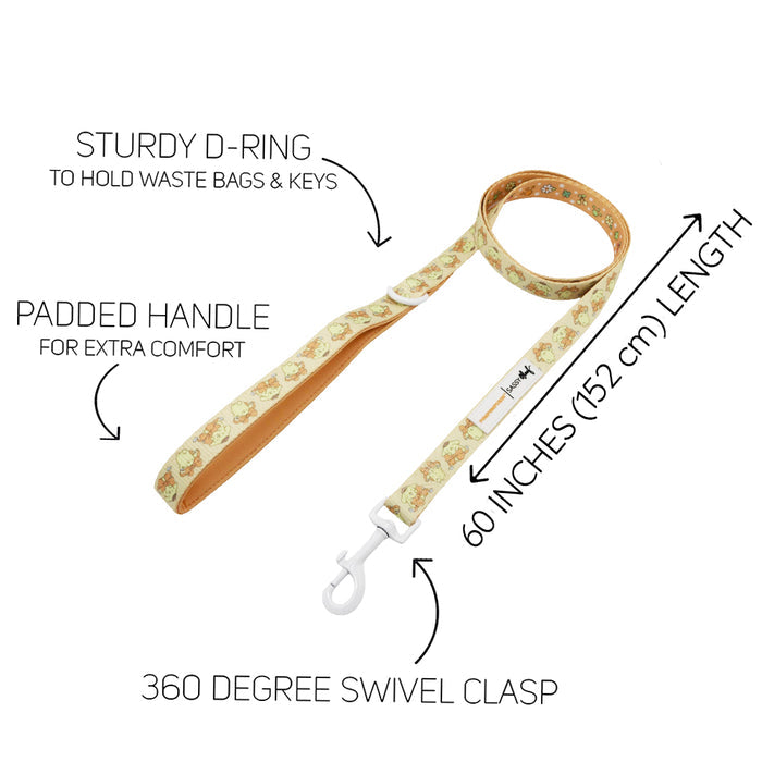 The Sassy Woof Dog Two Piece Bundle - Pompompurin™ features a yellow leash with padded handle, sturdy D-ring for bags or keys, 360° swivel clasp, and measures 60" (152 cm)—a perfect match for any adjustable dog harness.