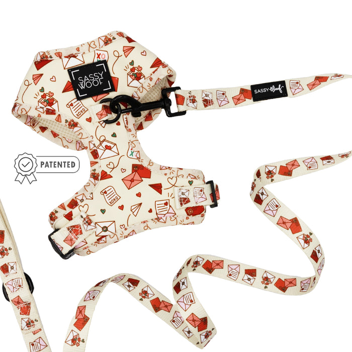 The Dog Two Piece Bundle - P.S. I Woof You by Sassy Woof is a cream-colored adjustable harness and leash set with red and pink love letter and heart designs, shown with a “patented” badge icon.