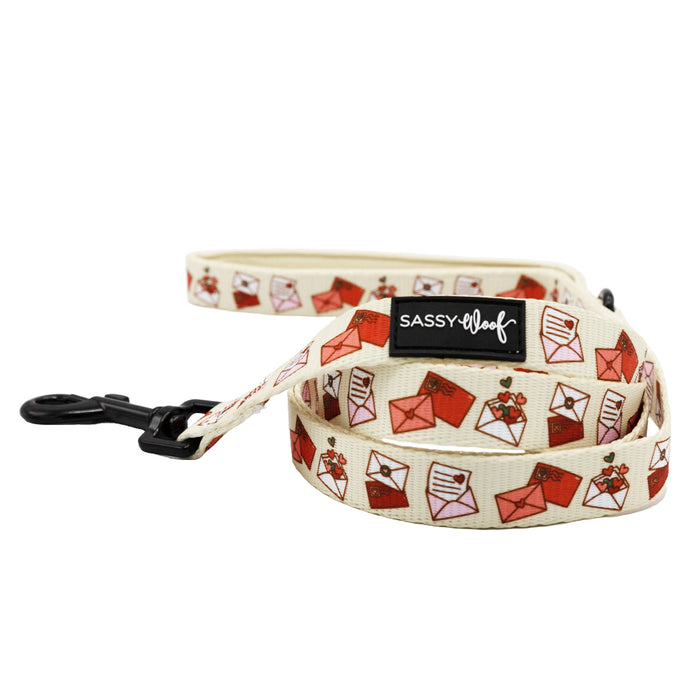 The Sassy Woof Dog Two Piece Bundle - P.S. I Woof You features a cream pet leash with red and pink envelope and flower patterns, black metal clip, and branded label. Pair it with the matching adjustable harness for stylish puppy walks!.